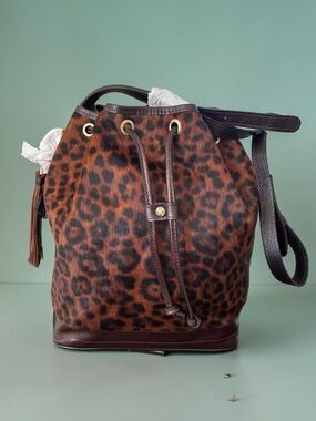 Patricia Nash Melrose Drawstring Leopard Haircalf Bucket Bag Crossbody Brown NWT